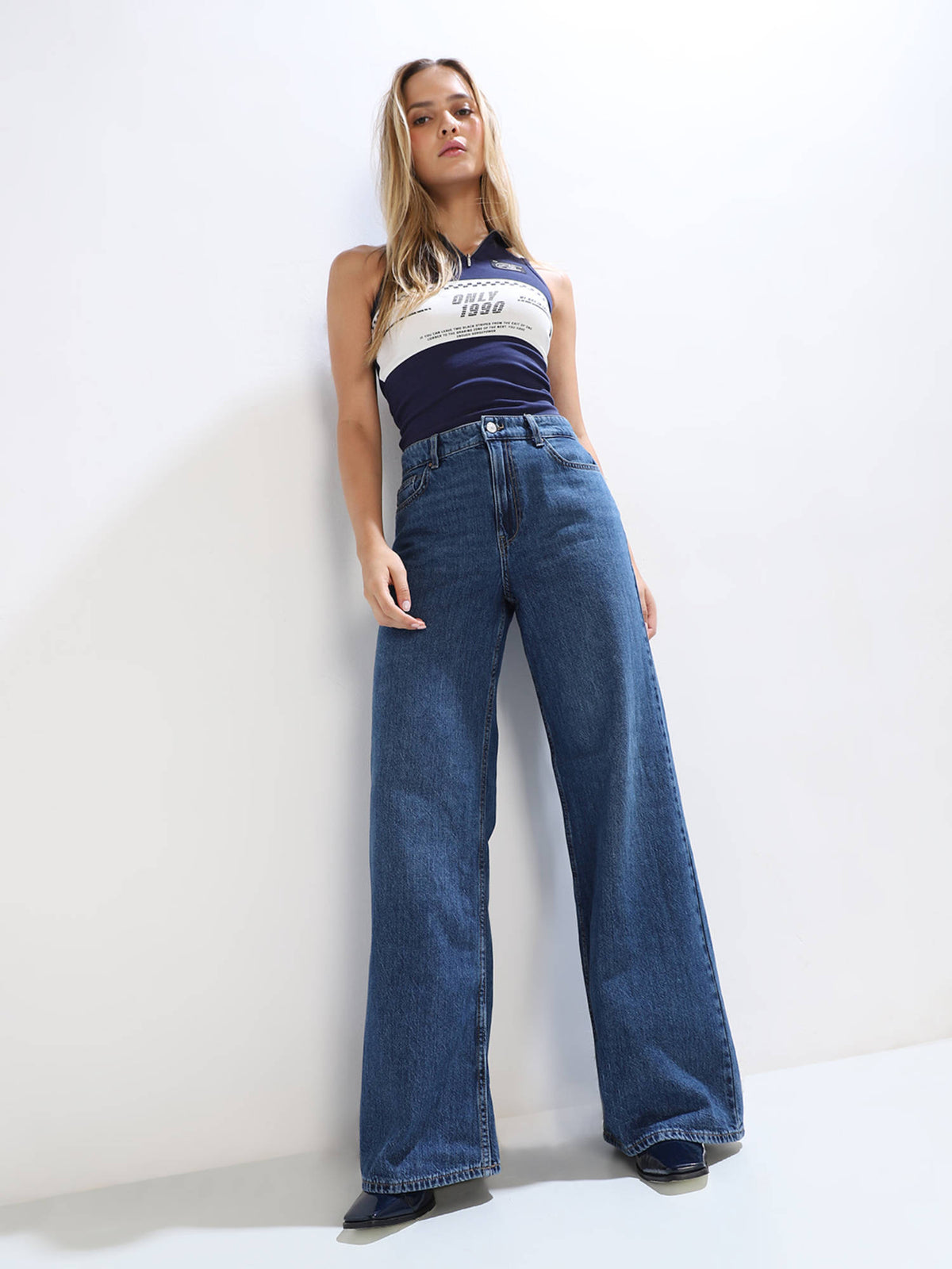 Solid Wide Leg High Rise Blue Jeans | WL90 - view 2