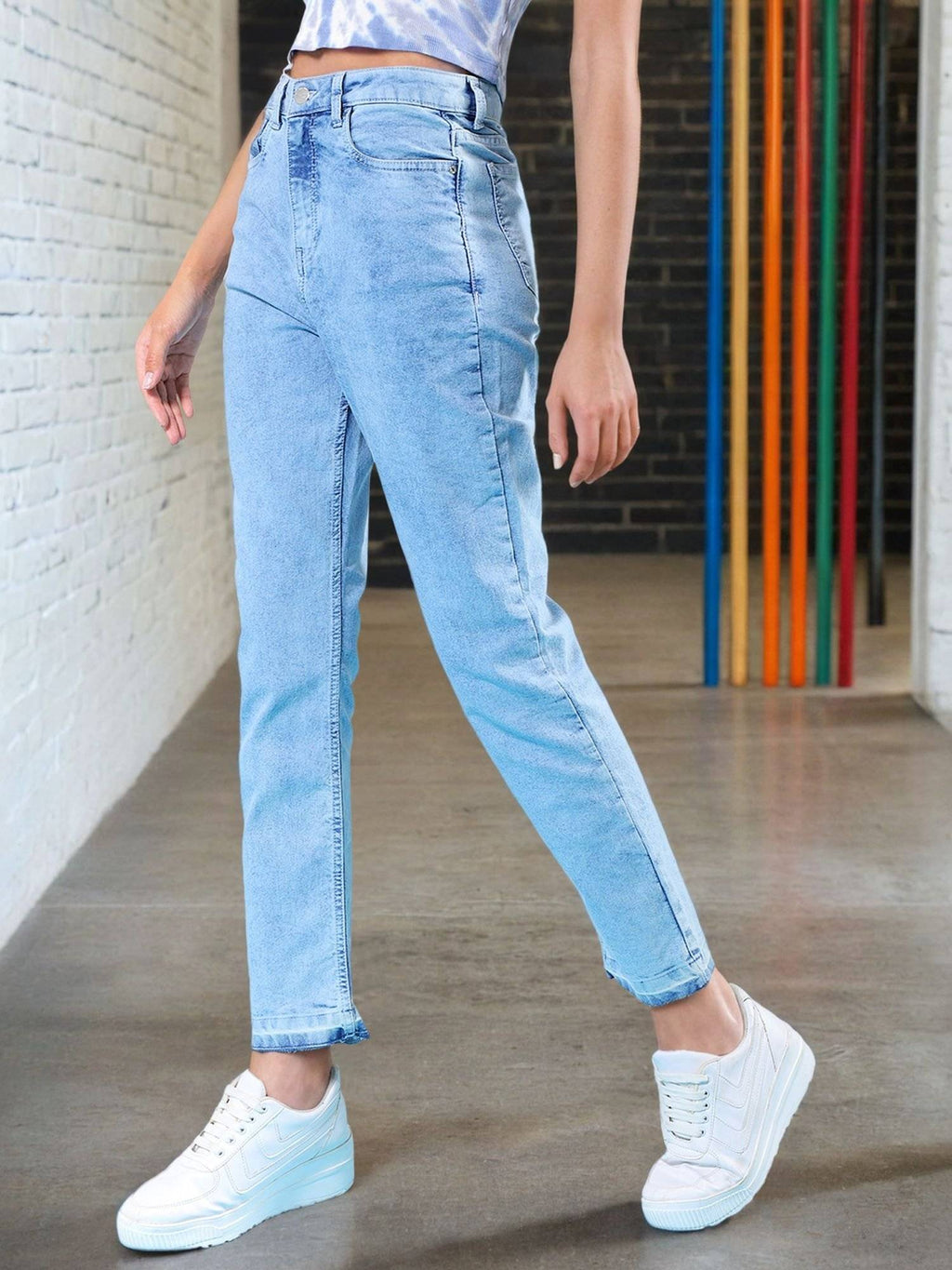 Women Straight Fit Solid Mid Rise Blue Jeans | ST23 - view 2