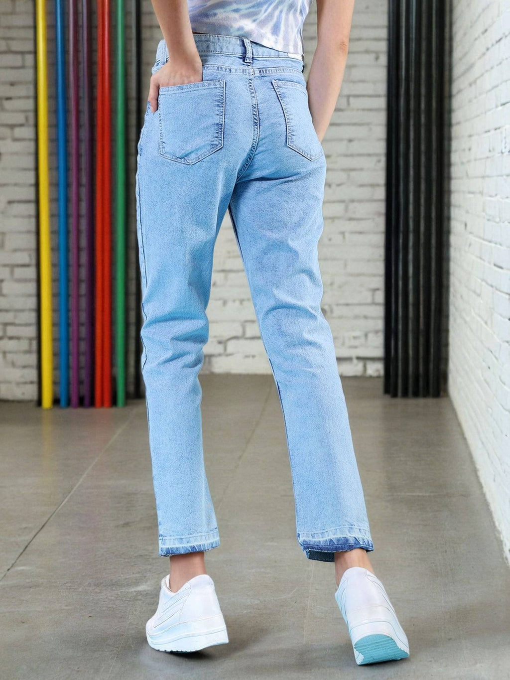Women Straight Fit Solid Mid Rise Blue Jeans | ST23 - view 3