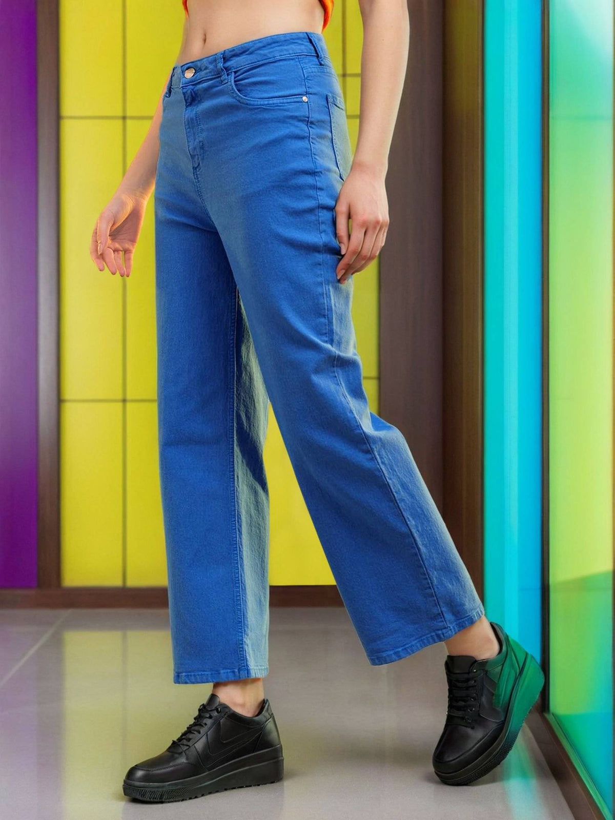 Women Wide Leg Solid Mid Rise Yellow Jeans | WL90 - view 6