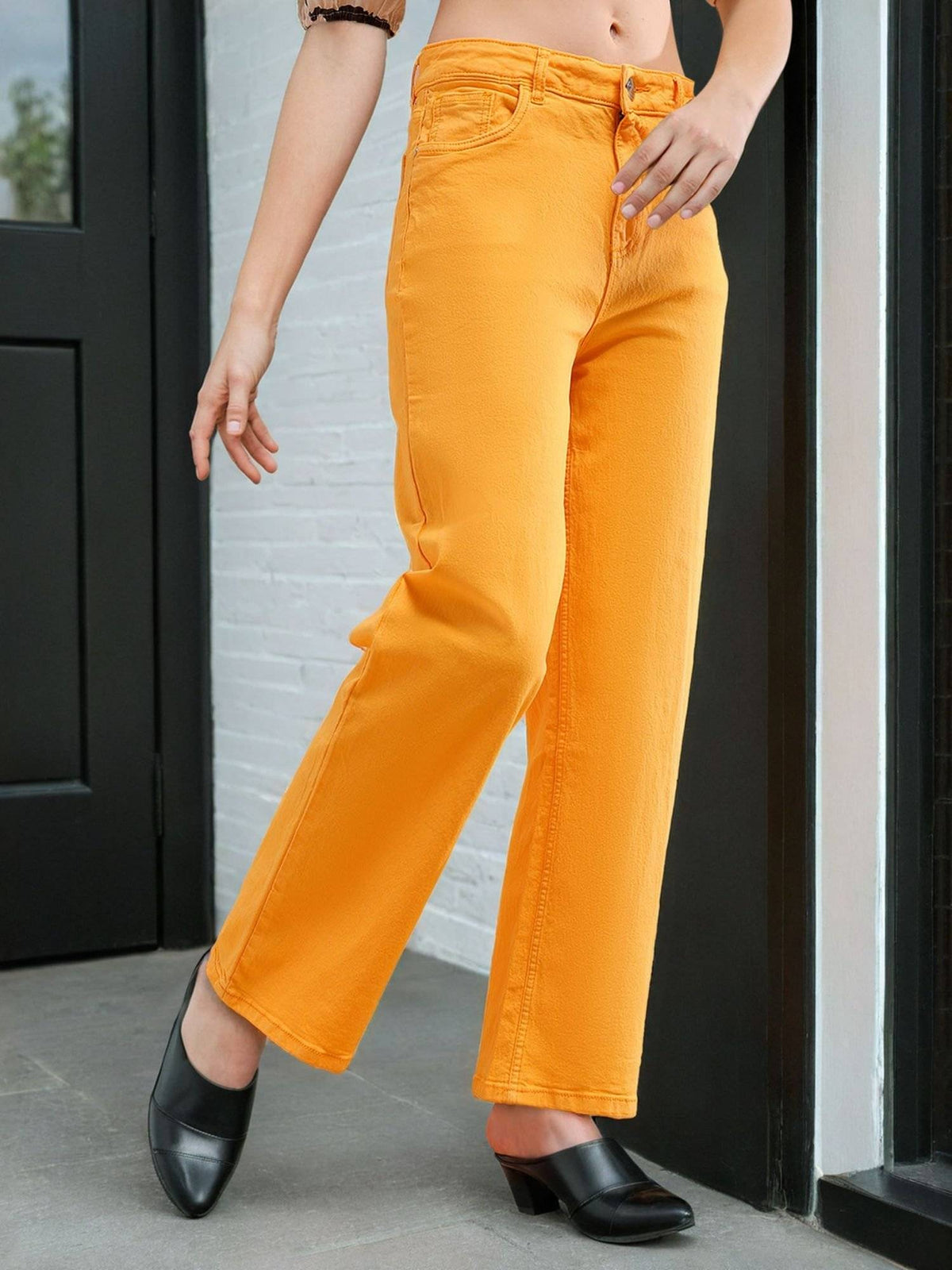 Women Wide Leg Solid Mid Rise Yellow Jeans | WL90 - view 1