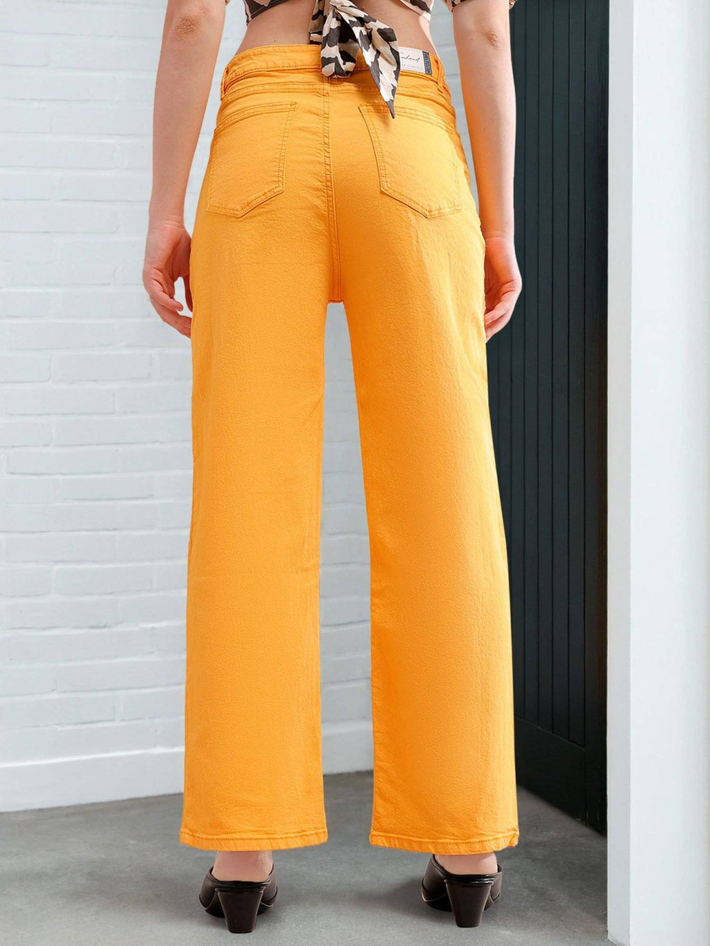Women Wide Leg Solid Mid Rise Yellow Jeans | WL90 - view 2