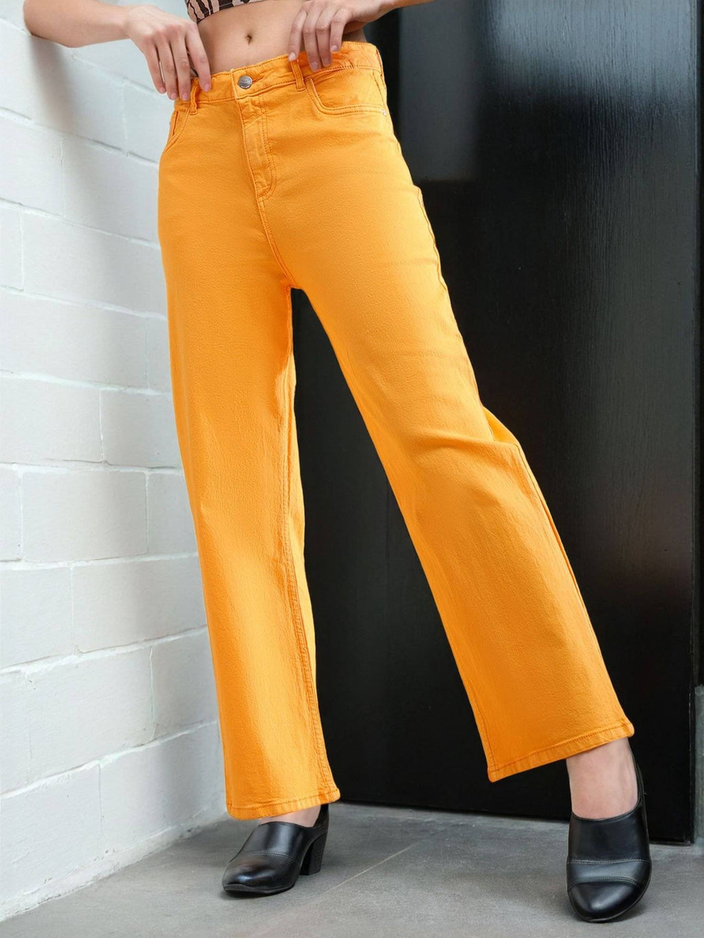 Women Wide Leg Solid Mid Rise Yellow Jeans | WL90 - view 3