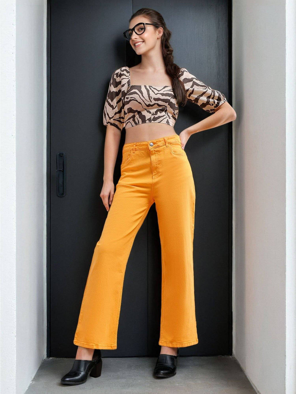 Women Wide Leg Solid Mid Rise Yellow Jeans | WL90 - view 4