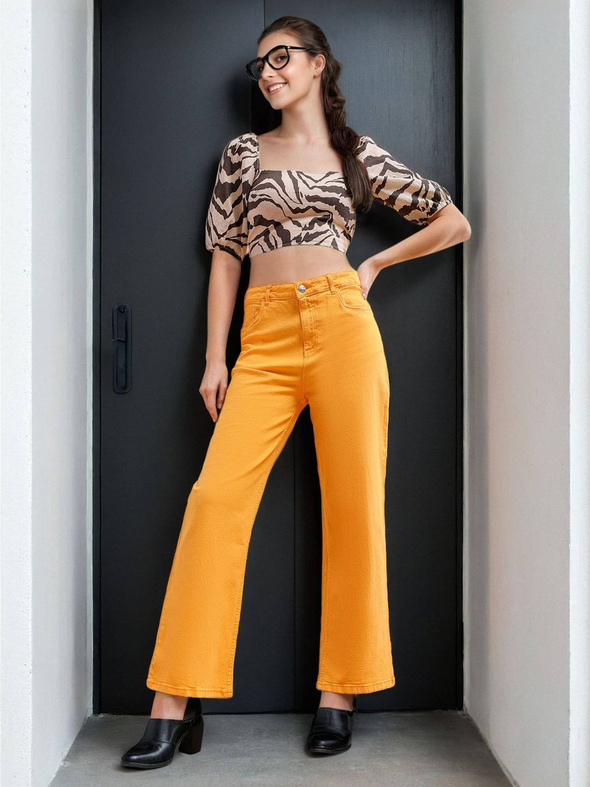 Women Wide Leg Solid Mid Rise Yellow Jeans | WL90 - view 4
