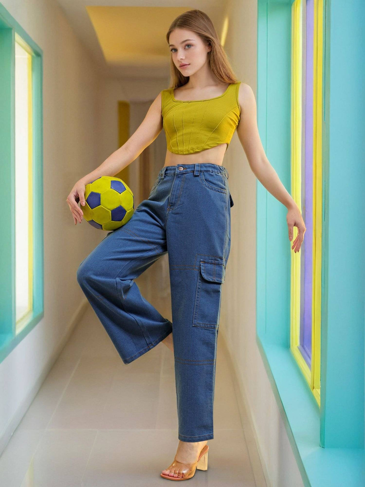 Women Baggy Solid High Rise Contrast Stitch Denim Cargo Blue Jeans | BG78 - view 1