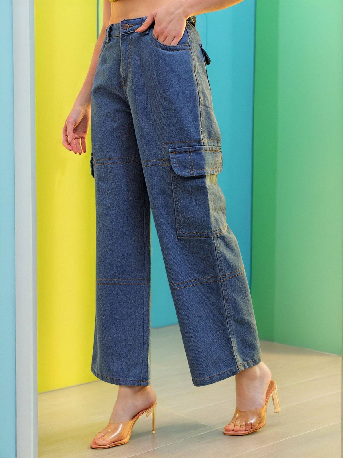 Women Baggy Solid High Rise Contrast Stitch Denim Cargo Blue Jeans | BG78 - view 2