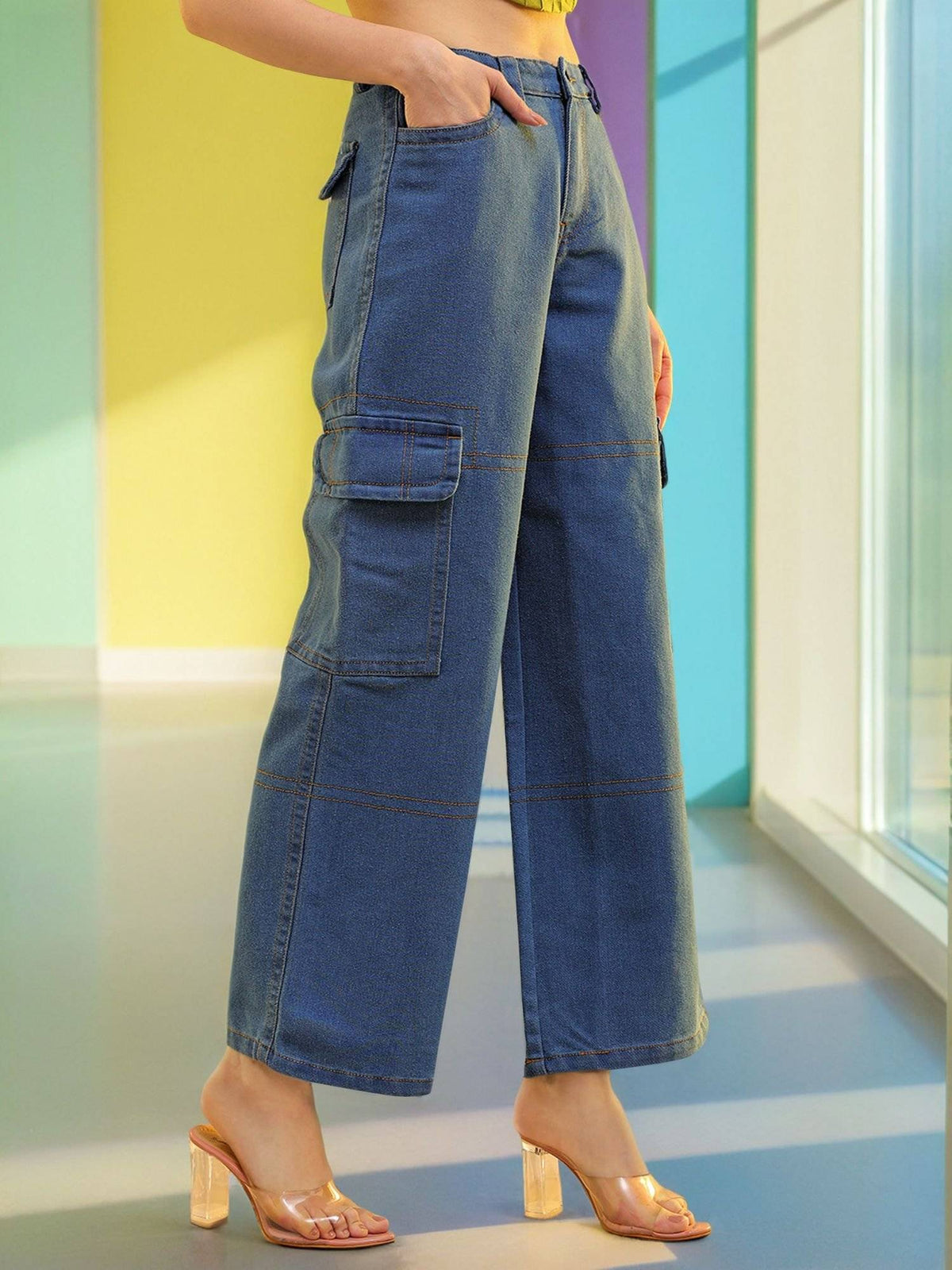 Women Baggy Solid High Rise Contrast Stitch Denim Cargo Blue Jeans | BG78 - view 3
