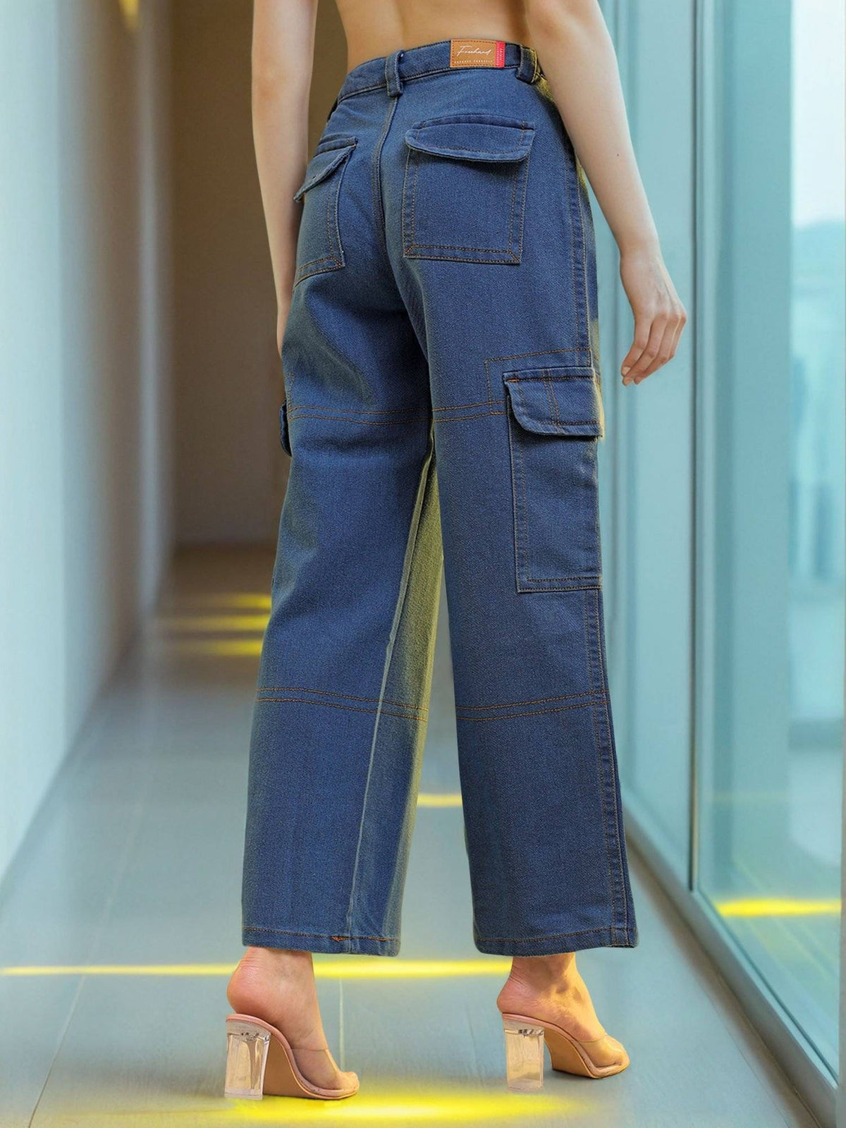 Women Baggy Solid High Rise Contrast Stitch Denim Cargo Blue Jeans | BG78 - view 4