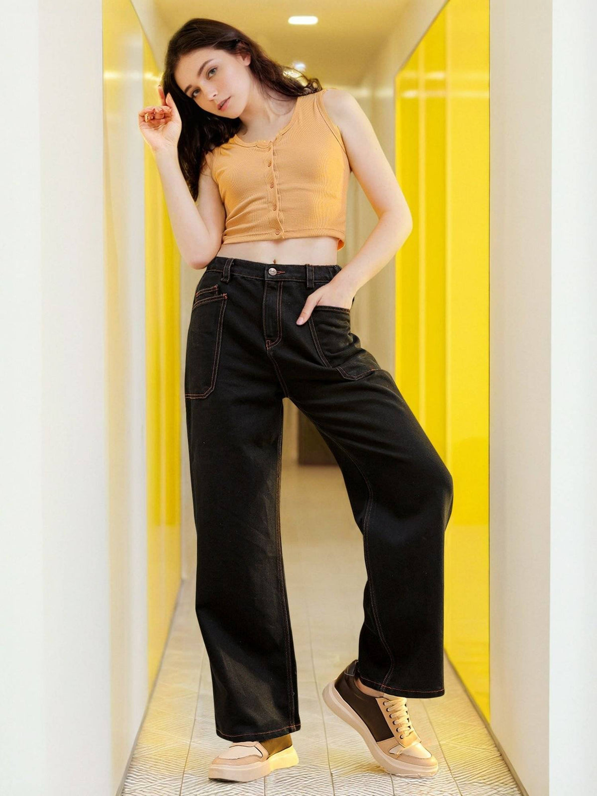 Women Loose Fit Solid High Rise Denim Cargo Blue Jeans | BG78 - view 1