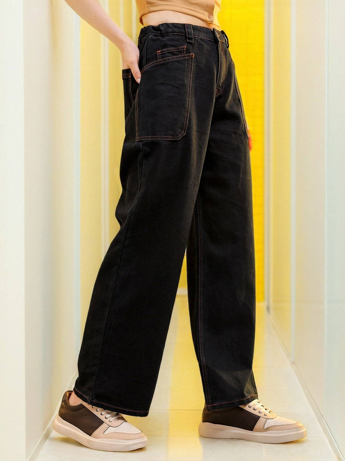 Women Loose Fit Solid High Rise Denim Cargo Blue Jeans | BG78 - view 3