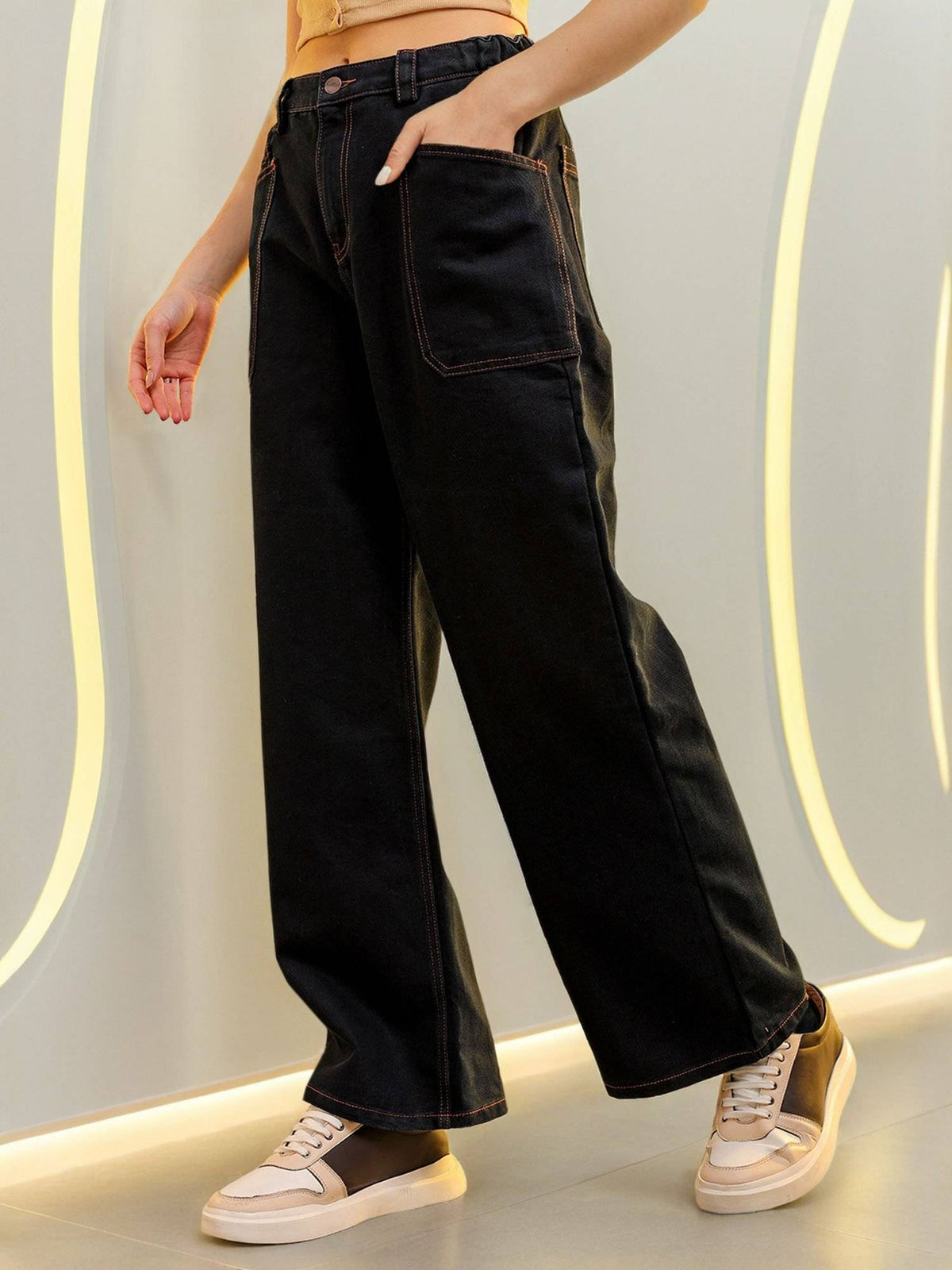 Women Loose Fit Solid High Rise Denim Cargo Blue Jeans | BG78 - view 4
