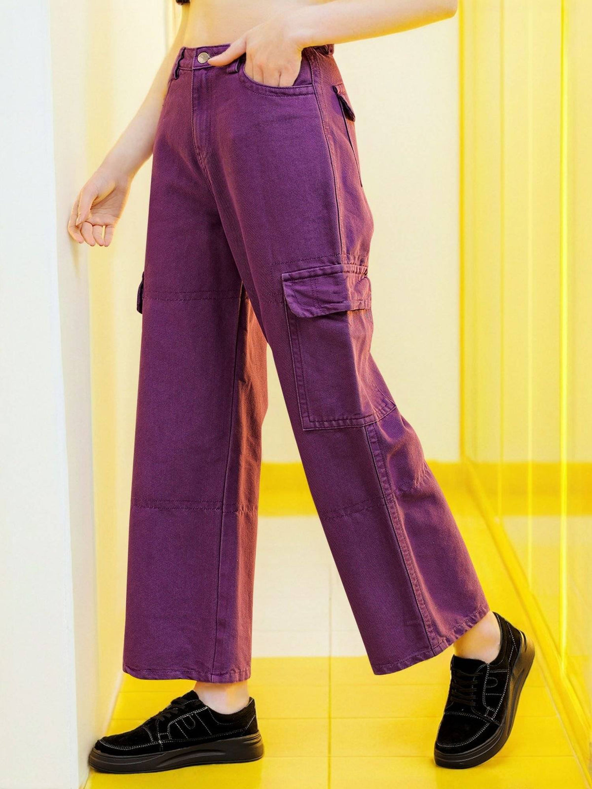 Women Baggy Solid High Rise Contrast Stitch Denim Cargo Blue Jeans | BG78 - view 6