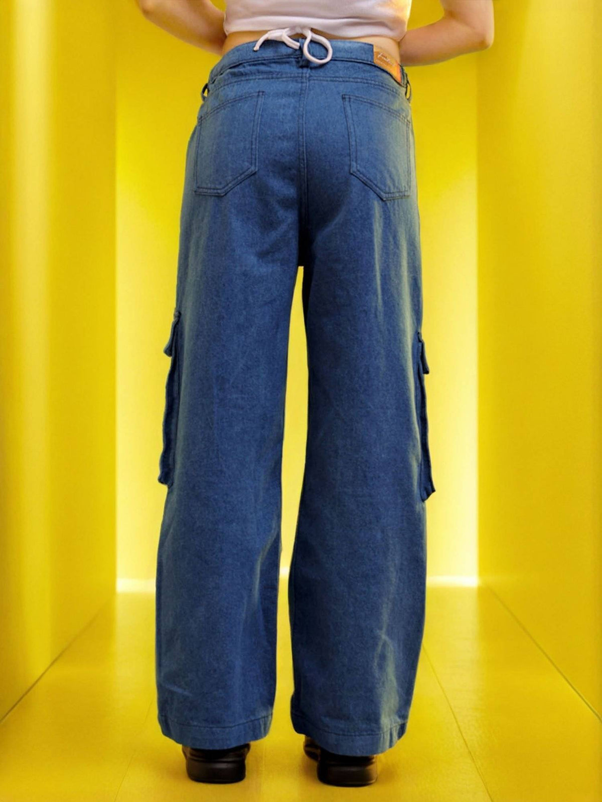 Women Relaxed Fit Colorblock Mid Rise Denim Cargo Blue Jeans | BG78 - view 1