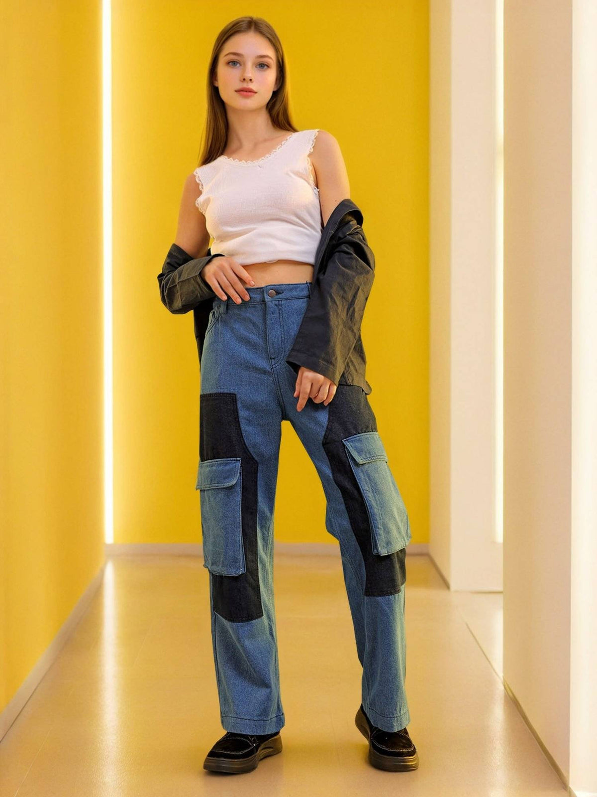 Women Relaxed Fit Colorblock Mid Rise Denim Cargo Blue Jeans | BG78 - view 3