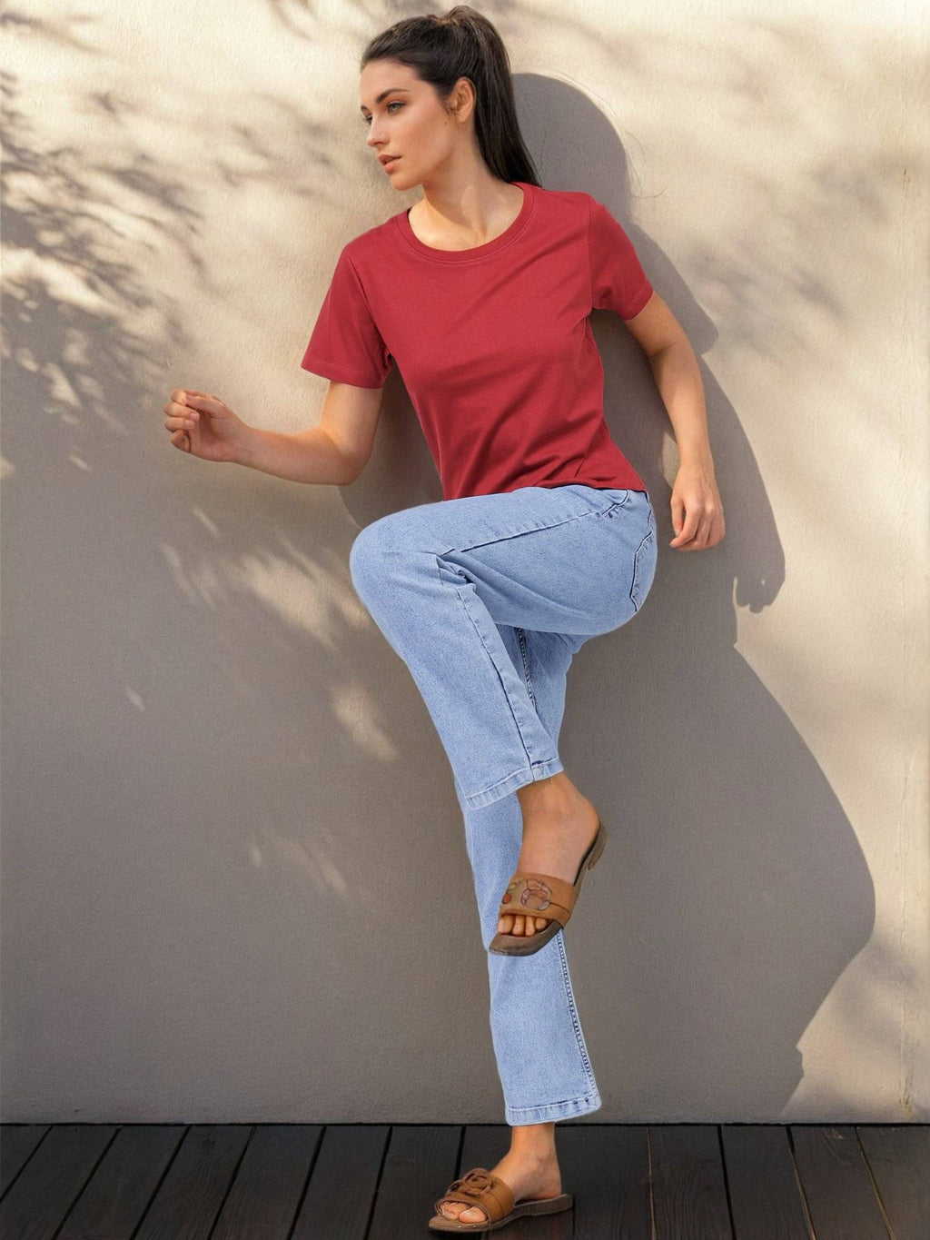 Women Blue Straight Fit Solid Mid-Rise Jeans | ST23 - view 2