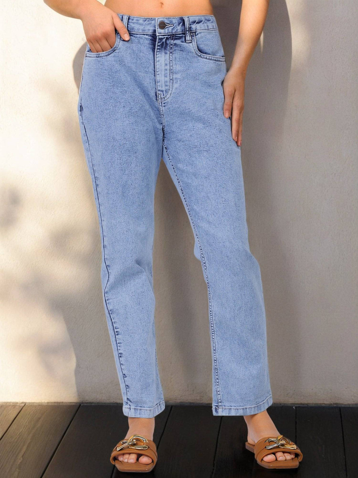 Women Blue Straight Fit Solid Mid-Rise Jeans | ST23 - view 3