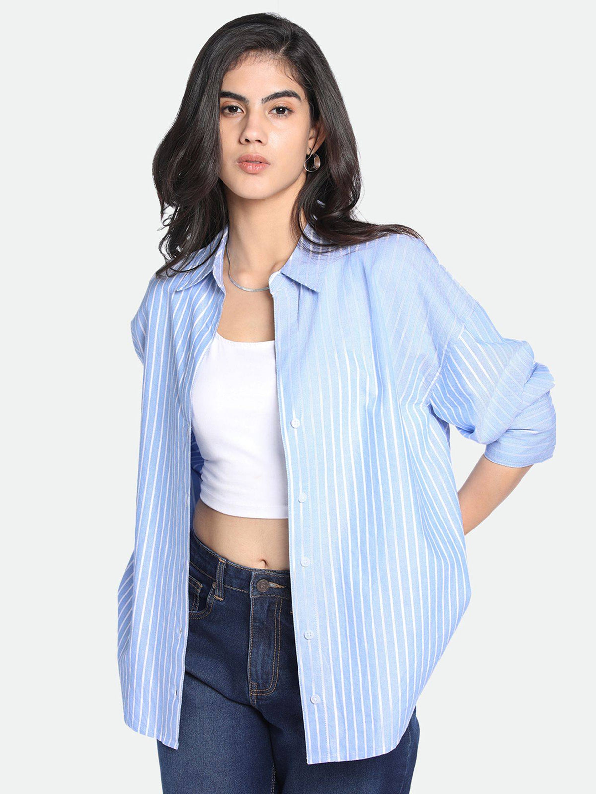 Blue Oversized Vertical Stripes Pure Cotton Oxford Casual Shirt | S67 - view 1