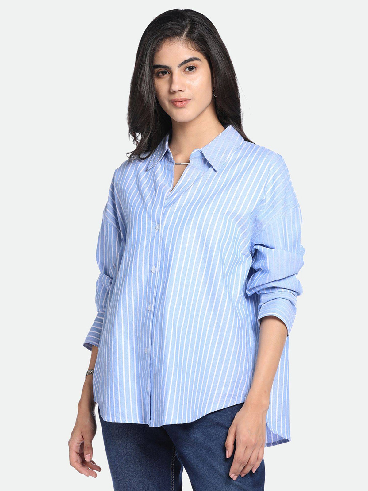 Blue Oversized Vertical Stripes Pure Cotton Oxford Casual Shirt | S67 - view 2