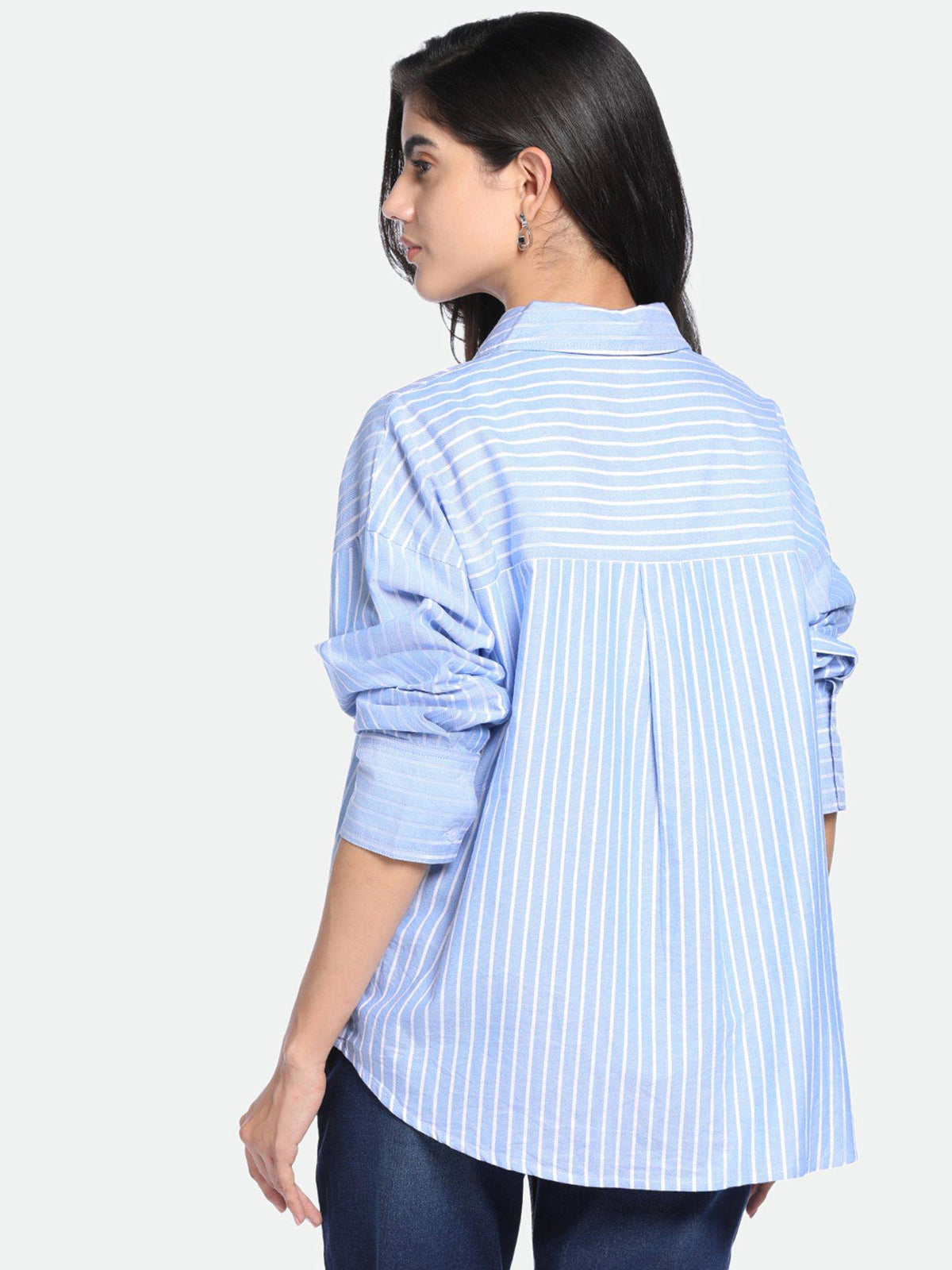 Blue Oversized Vertical Stripes Pure Cotton Oxford Casual Shirt | S67 - view 3