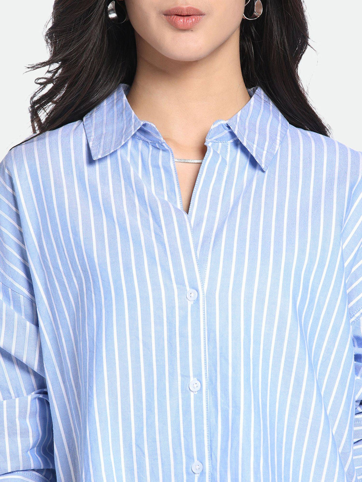 Blue Oversized Vertical Stripes Pure Cotton Oxford Casual Shirt | S67 - view 4