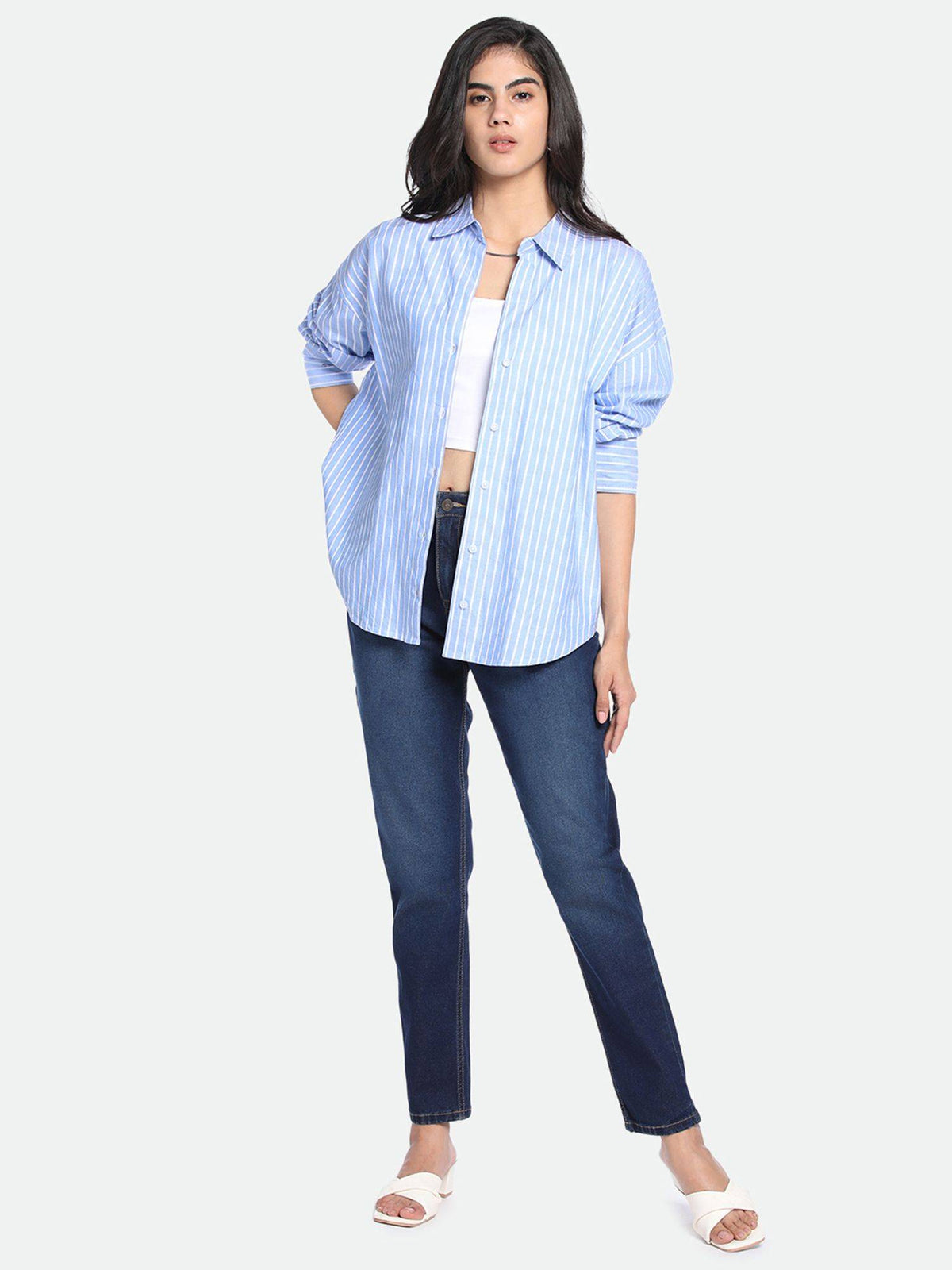 Blue Oversized Vertical Stripes Pure Cotton Oxford Casual Shirt | S67 - view 5