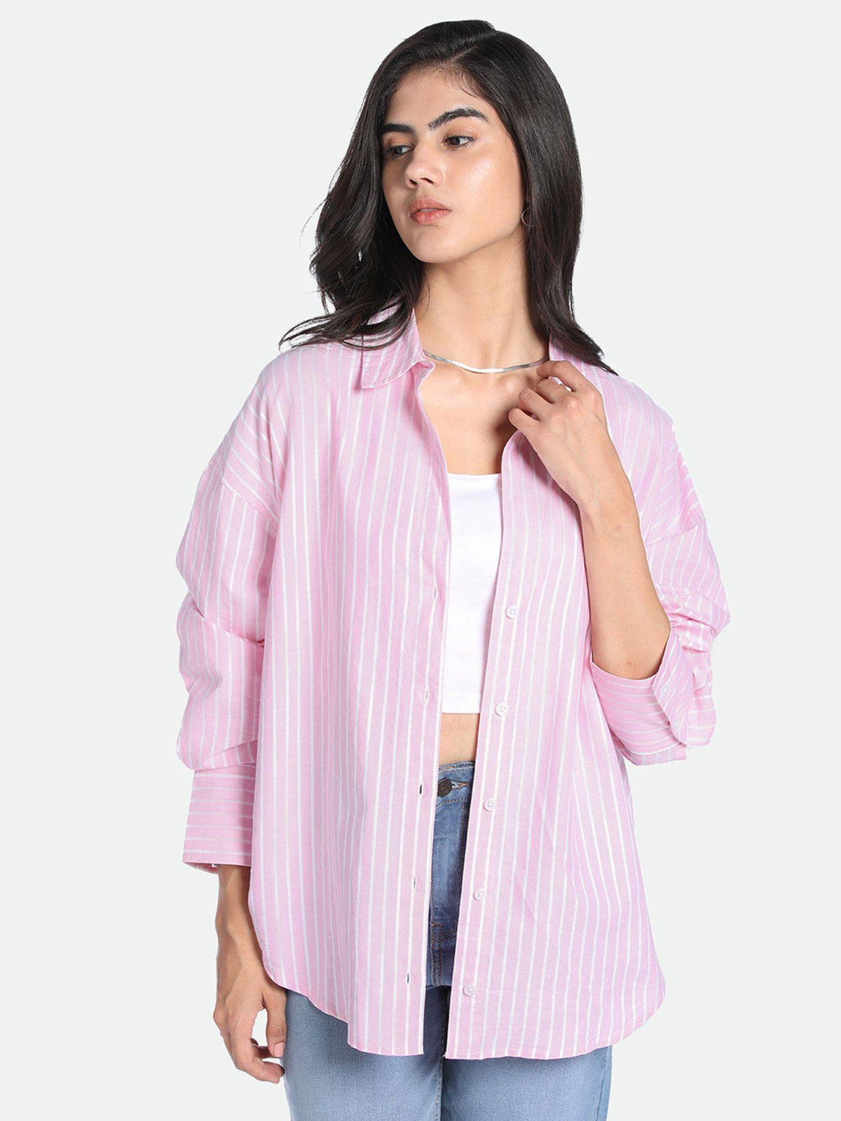 Blue Oversized Vertical Stripes Pure Cotton Oxford Casual Shirt | S67 - view 6