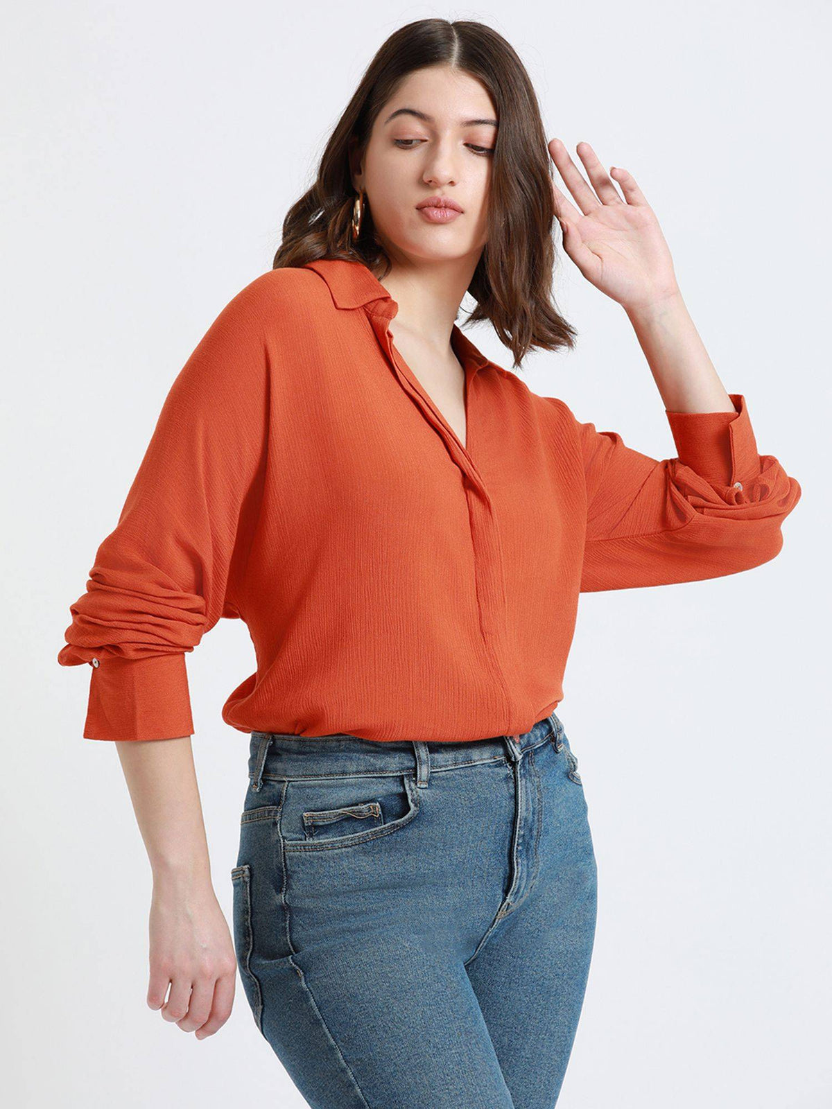 Rust Full Sleeves Oversized Solid Casual Shirt | S67 - view 2
