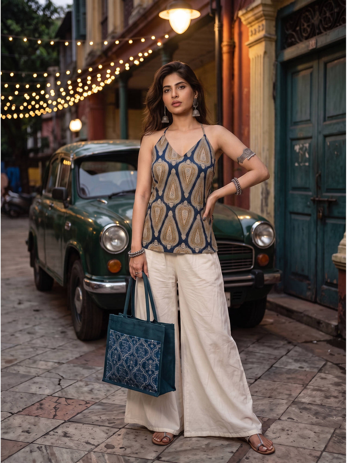 Indigo Kashish Pure Cotton Printed Halter Smocked Back Top | HT67 - view 1