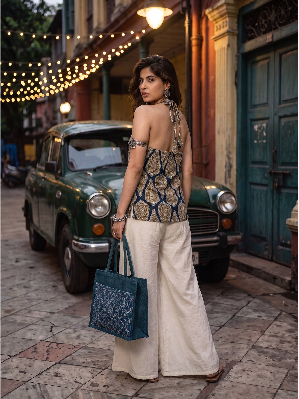 Indigo Kashish Pure Cotton Printed Halter Smocked Back Top | HT67 - view 2