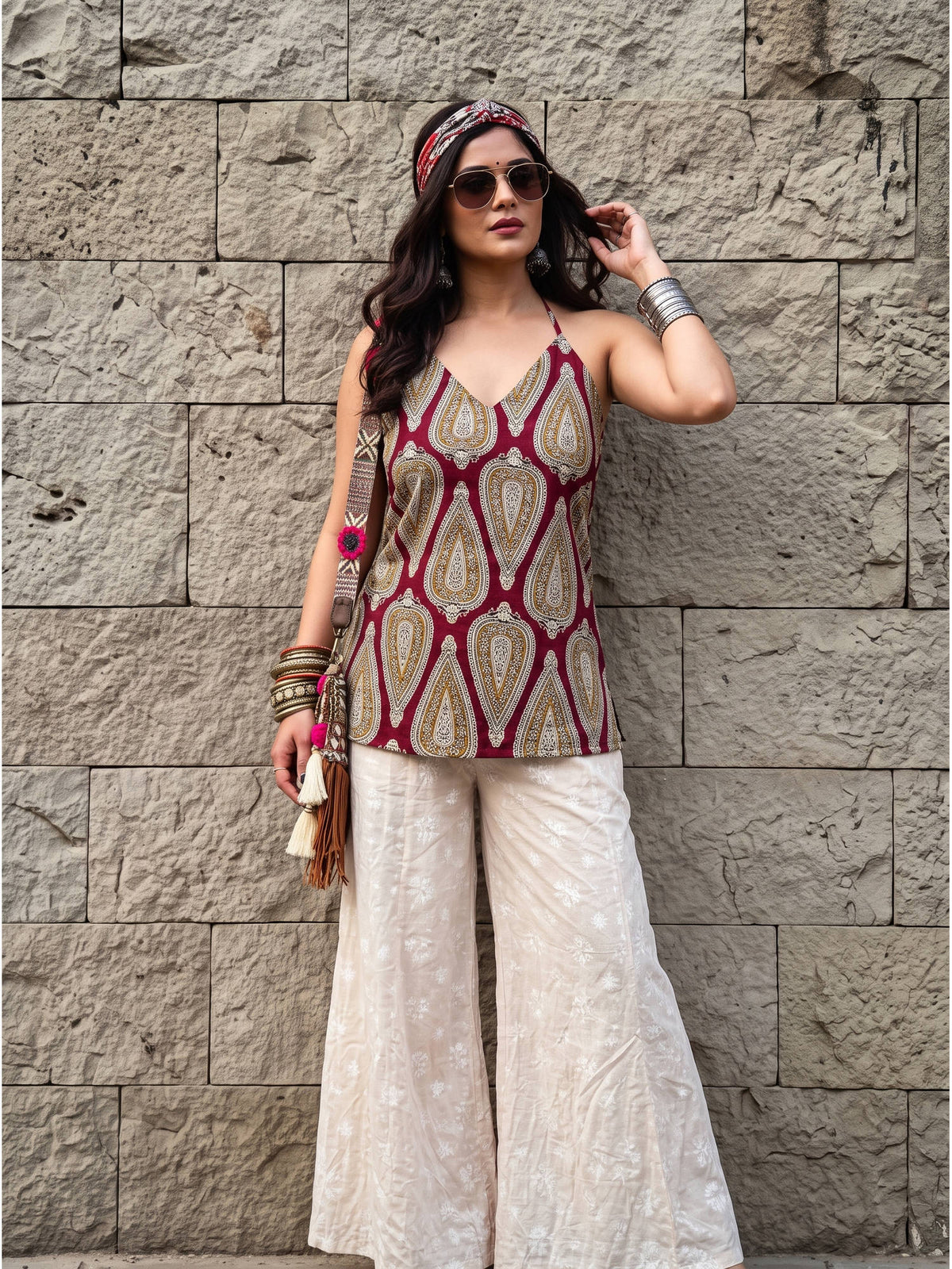 Indigo Kashish Pure Cotton Printed Halter Smocked Back Top | HT67 - view 8