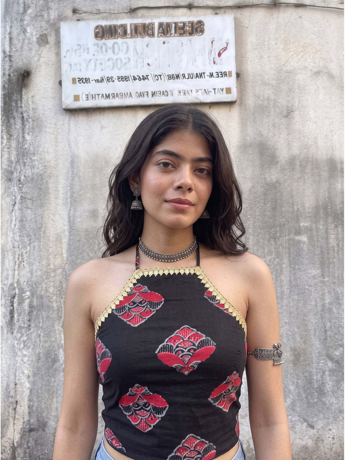 Black Zevar Pure Cotton Printed Halter Crop Top | CT61 - view 4