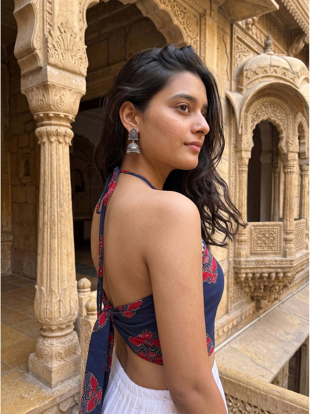 Navy Blue Zevar Pure Cotton Printed Halter Crop Top | CT61 - view 3
