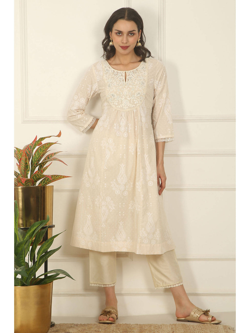 Daisy White Floral Printed Pure Cotton A-Line Kurta | KDG - view 1