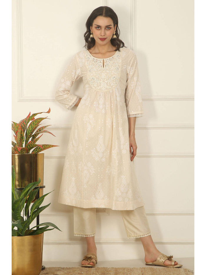Daisy White Floral Printed Pure Cotton A-Line Kurta | KDG - view 1