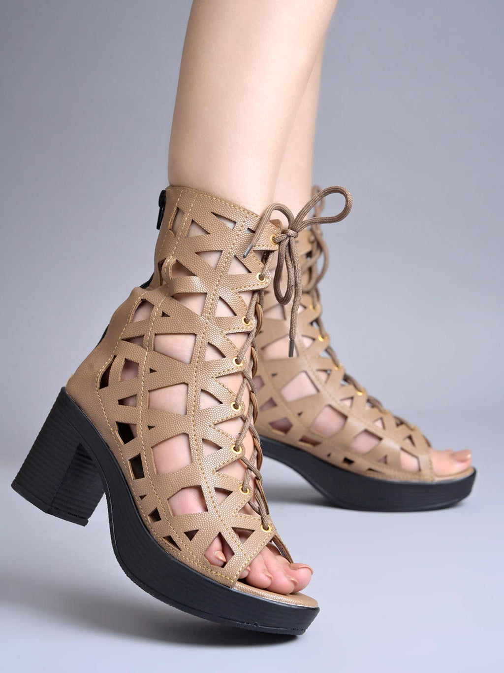 Women Beige Laser-Cut Block Heels | H78 - view 3