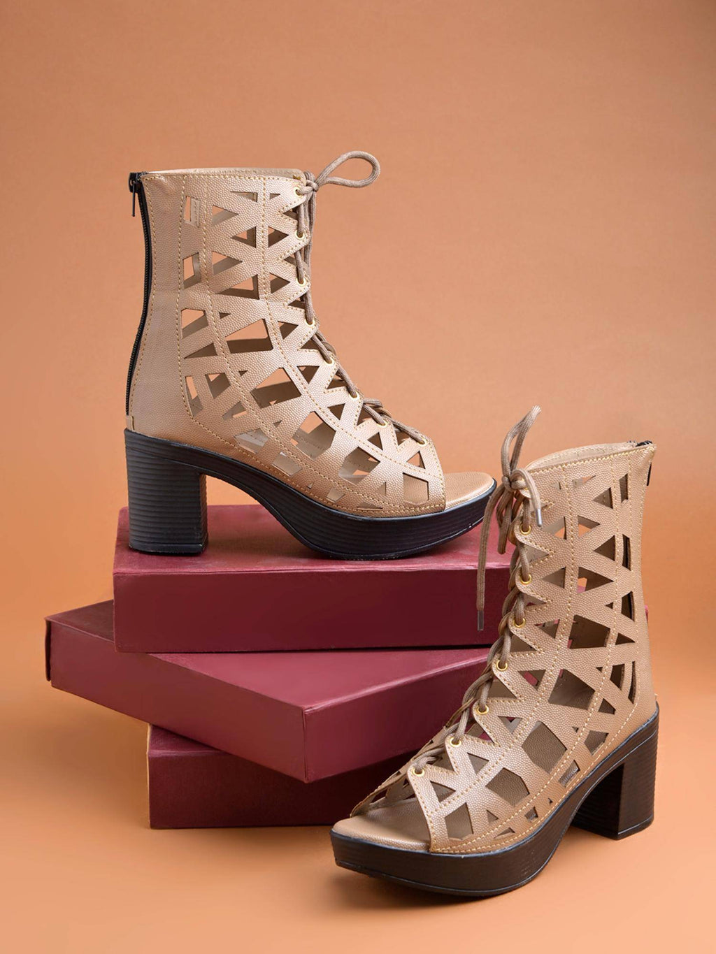 Women Beige Laser-Cut Block Heels | H78 - view 4