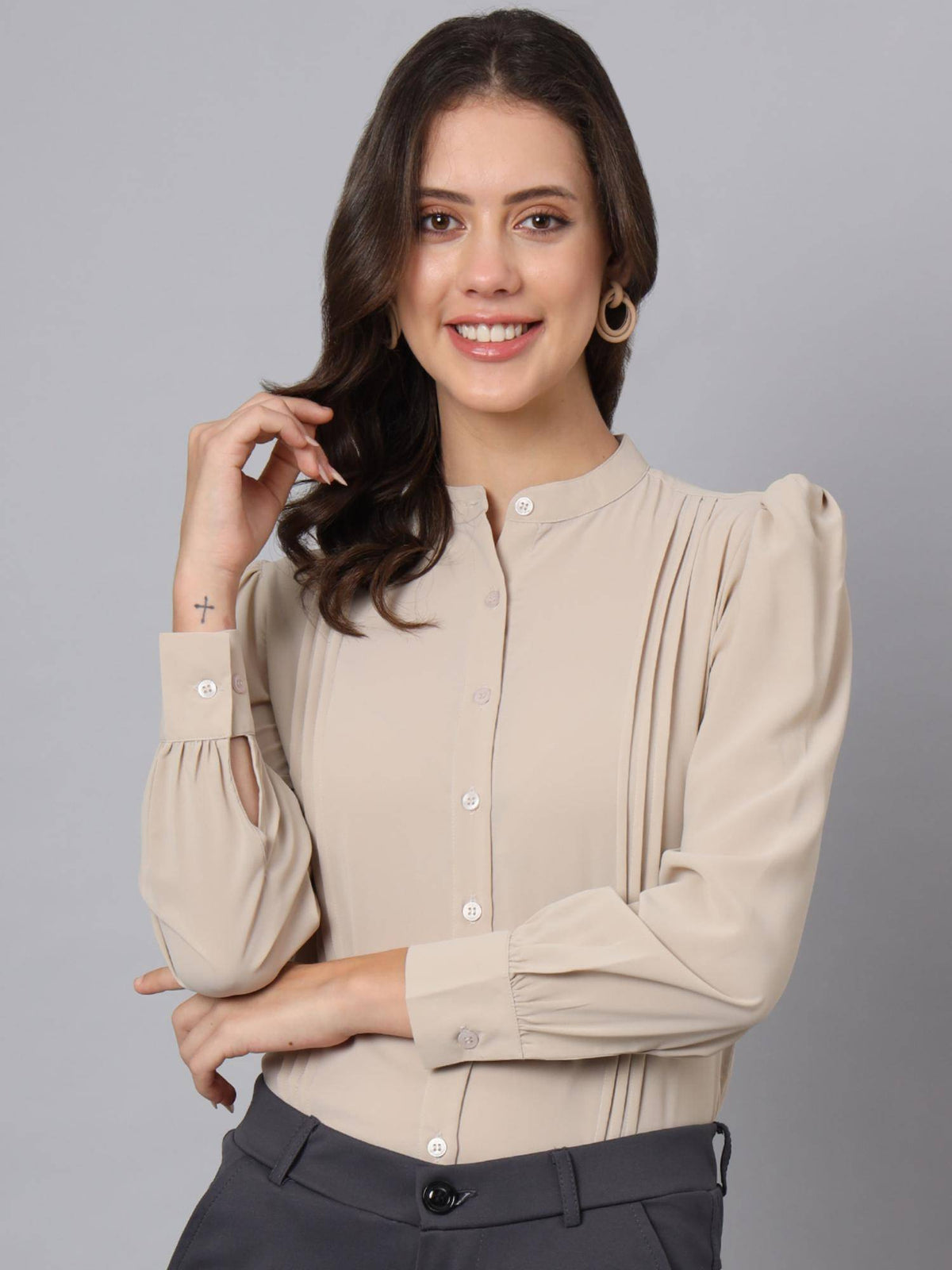 Womens Cream Professional Womens Pleated Formal Shirt | S67 - view 1