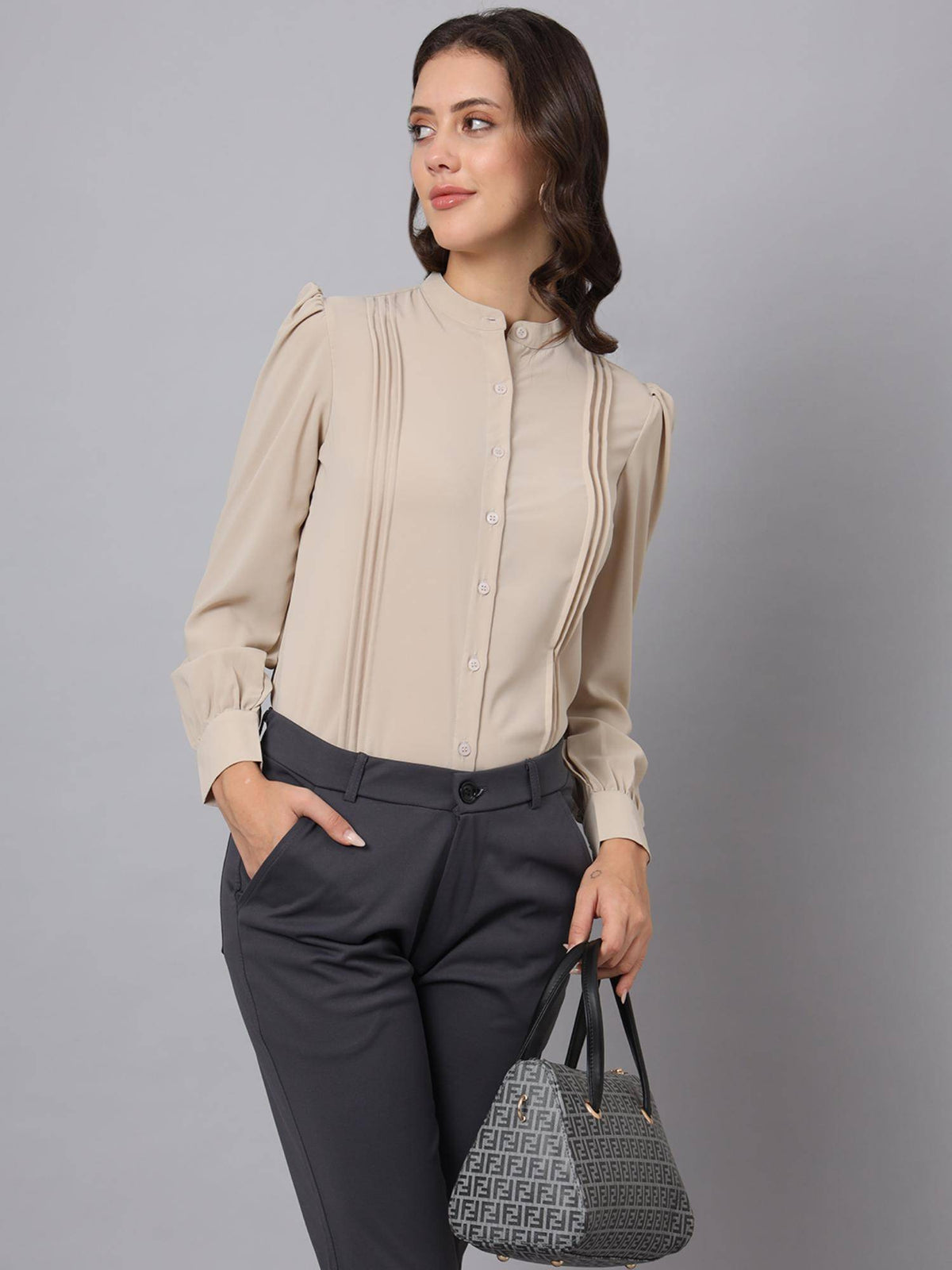 Womens Cream Professional Womens Pleated Formal Shirt | S67 - view 5