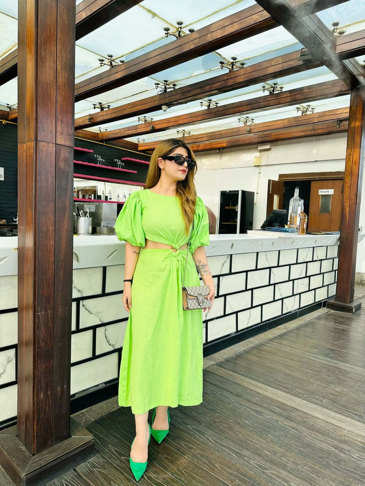 Calla Aura Neon Green Solid/Plain Midi Dress | D56 - view 1