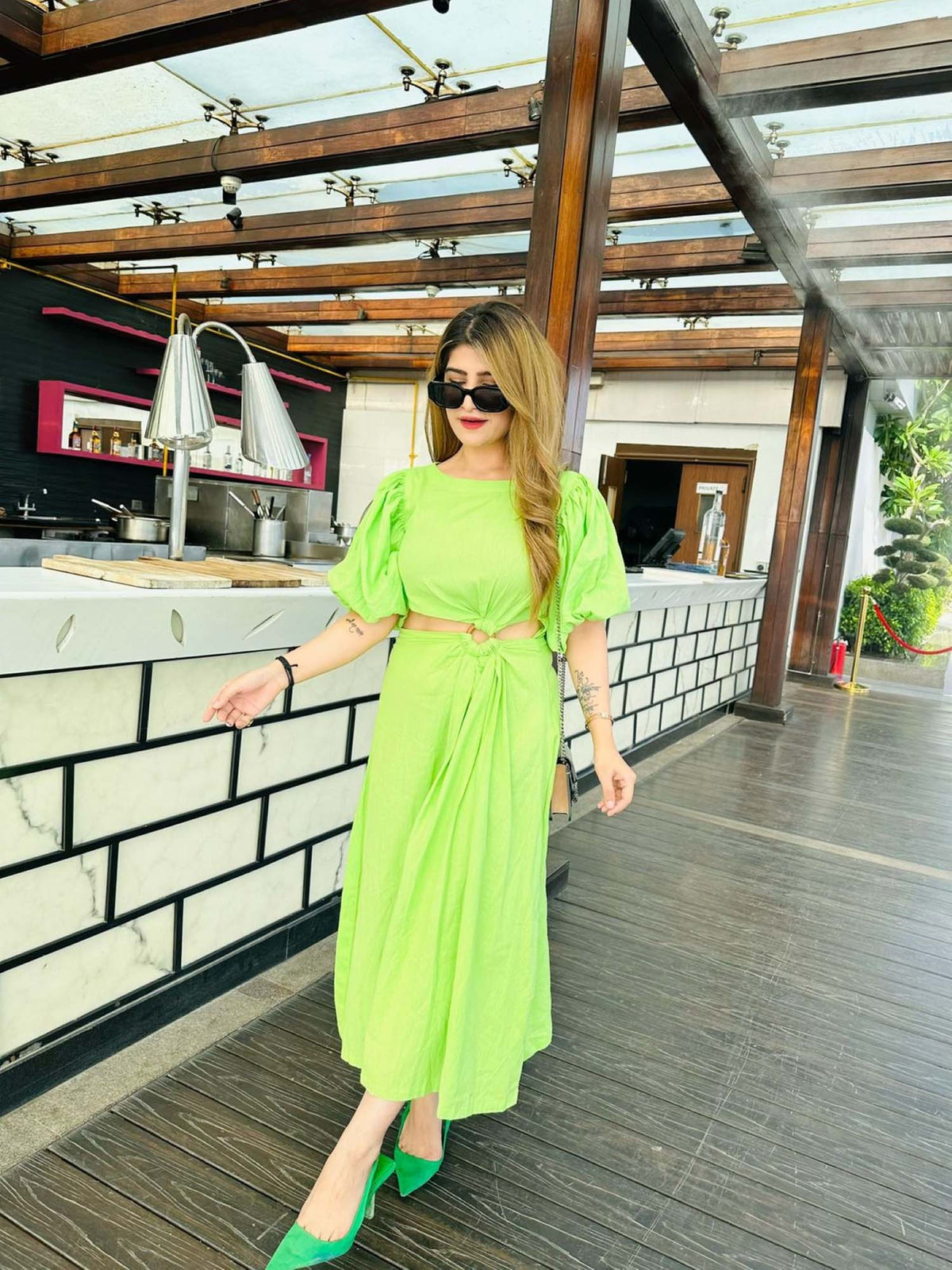 Calla Aura Neon Green Solid/Plain Midi Dress | D56 - view 2