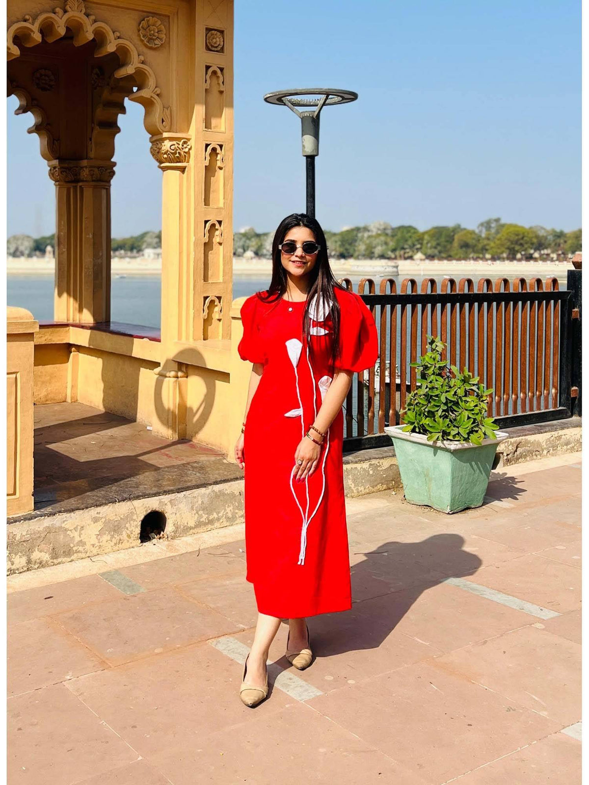 Red Garden 3D White Floral Poplin Midi Dress | D56 - view 1