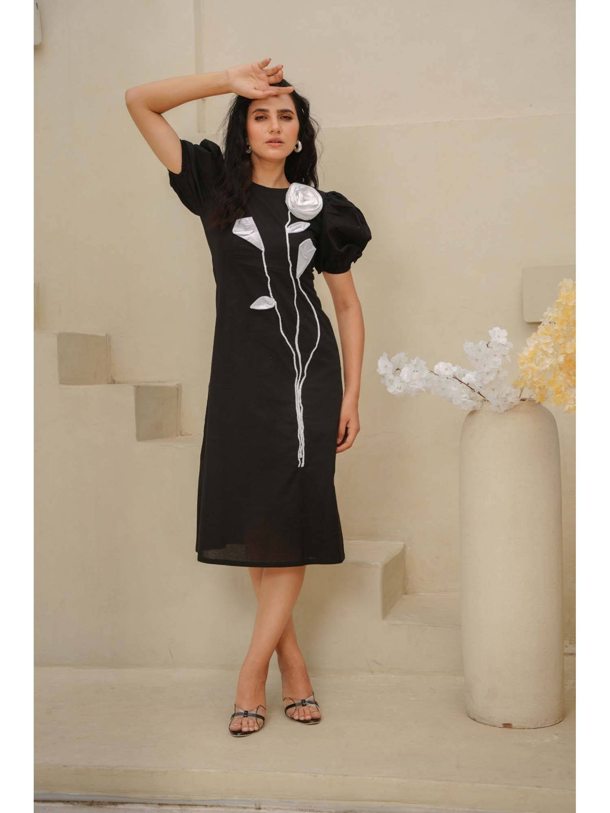 Red Garden 3D White Floral Poplin Midi Dress | D56 - view 8