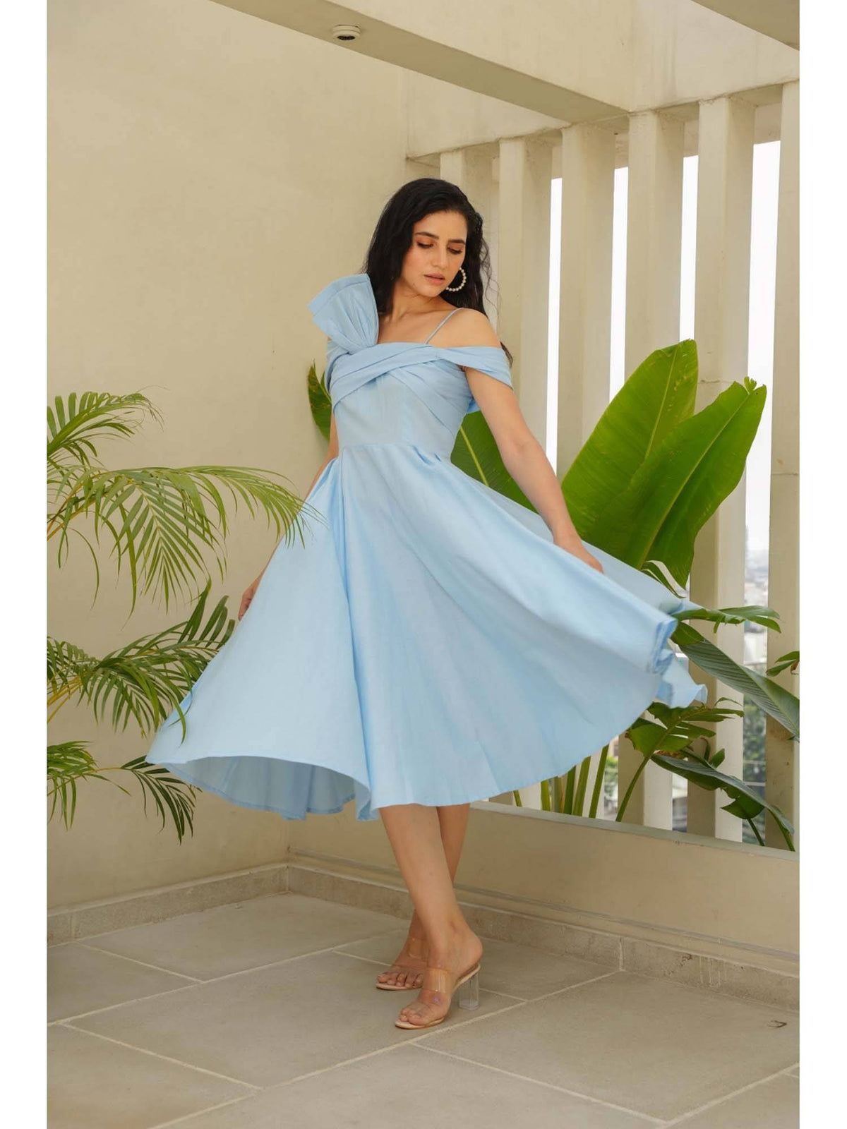 Sky Line Blue Solid/Plain Cotton Midi Dress | D56 - view 3