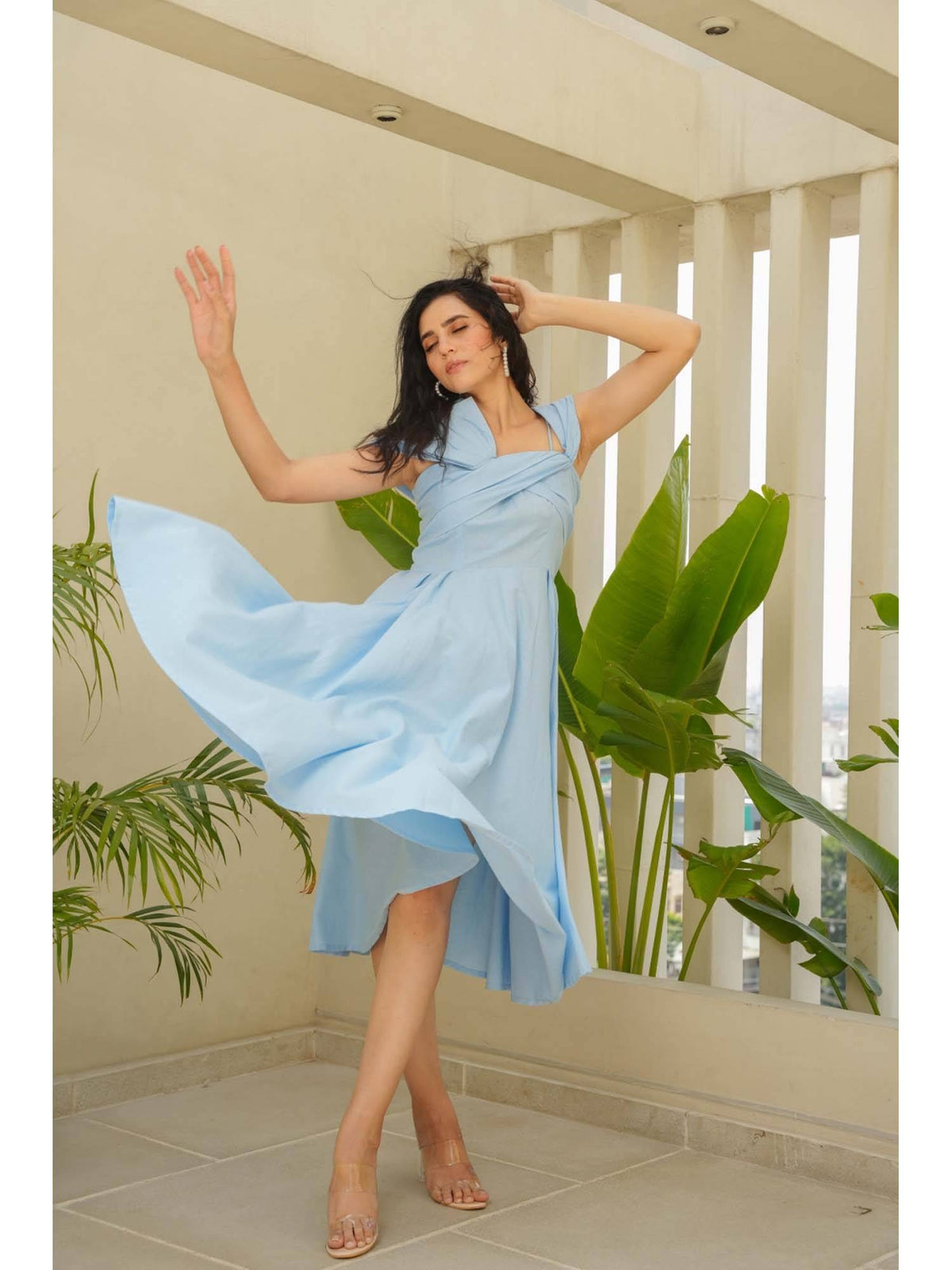 Sky Line Blue Solid/Plain Cotton Midi Dress | D56 - view 4