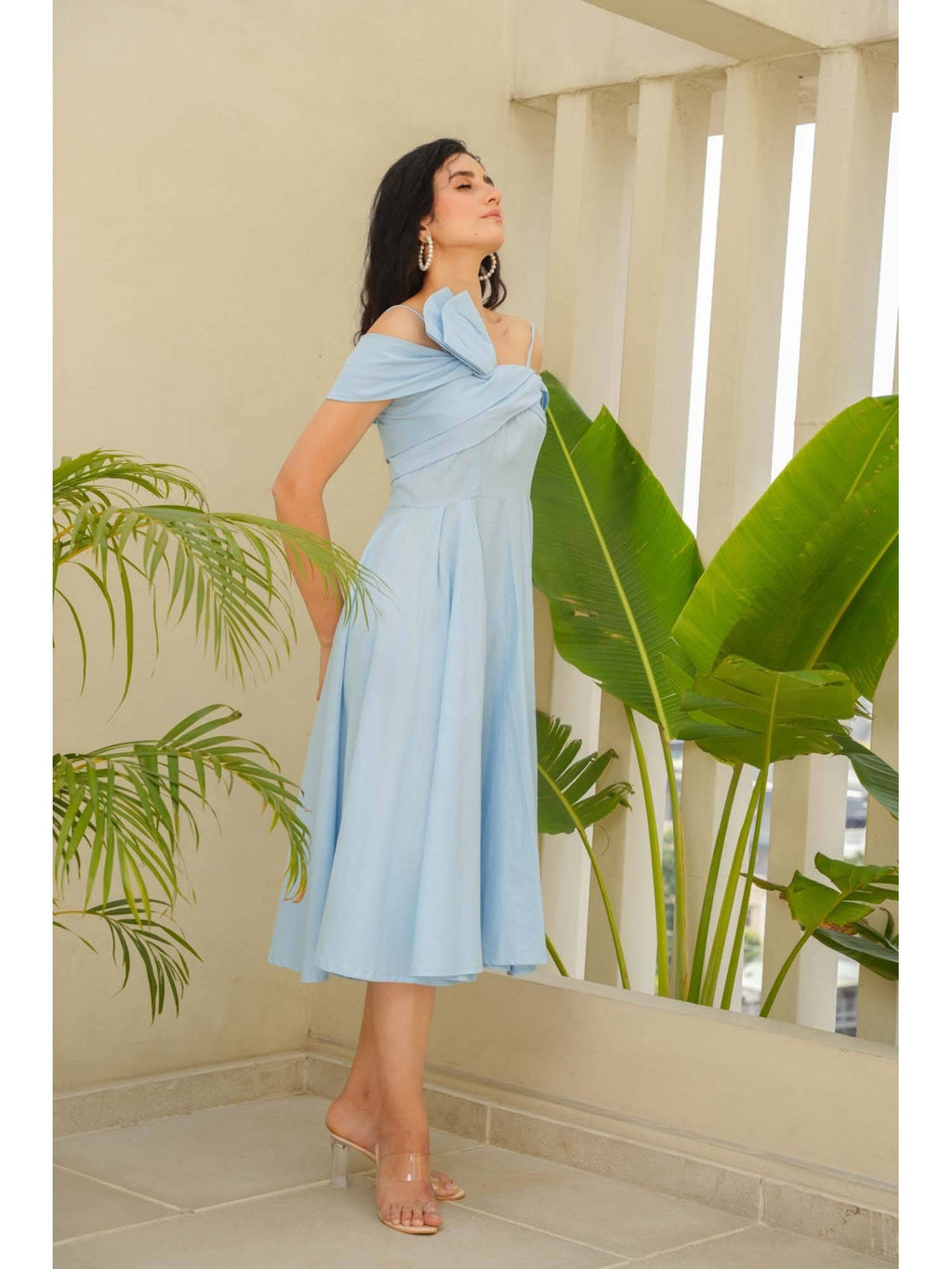 Sky Line Blue Solid/Plain Cotton Midi Dress | D56 - view 5