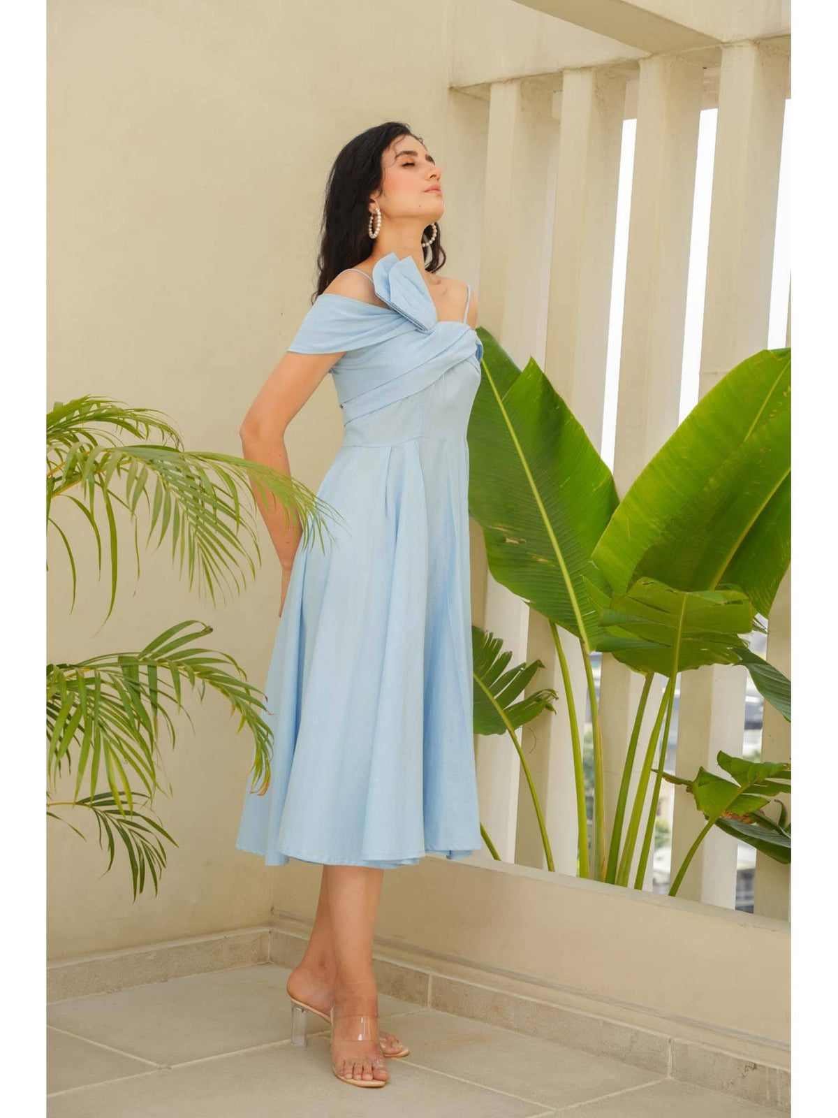 Sky Line Blue Solid/Plain Cotton Midi Dress | D56 - view 5