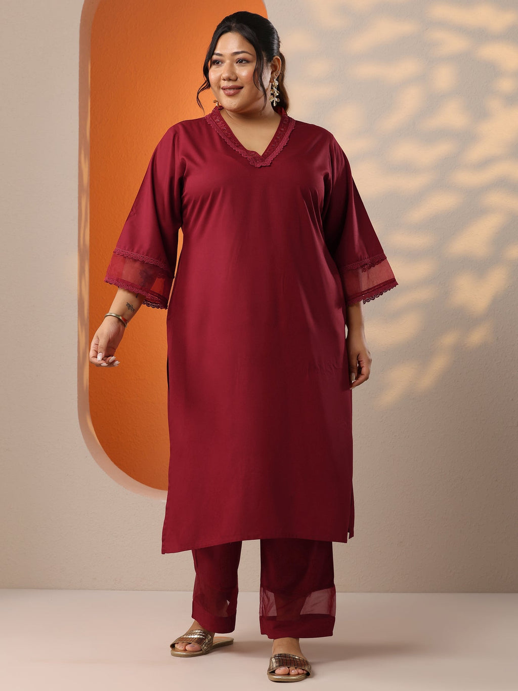Plus Size Maroon Embellished Rayon Co-Ord Sets CO87