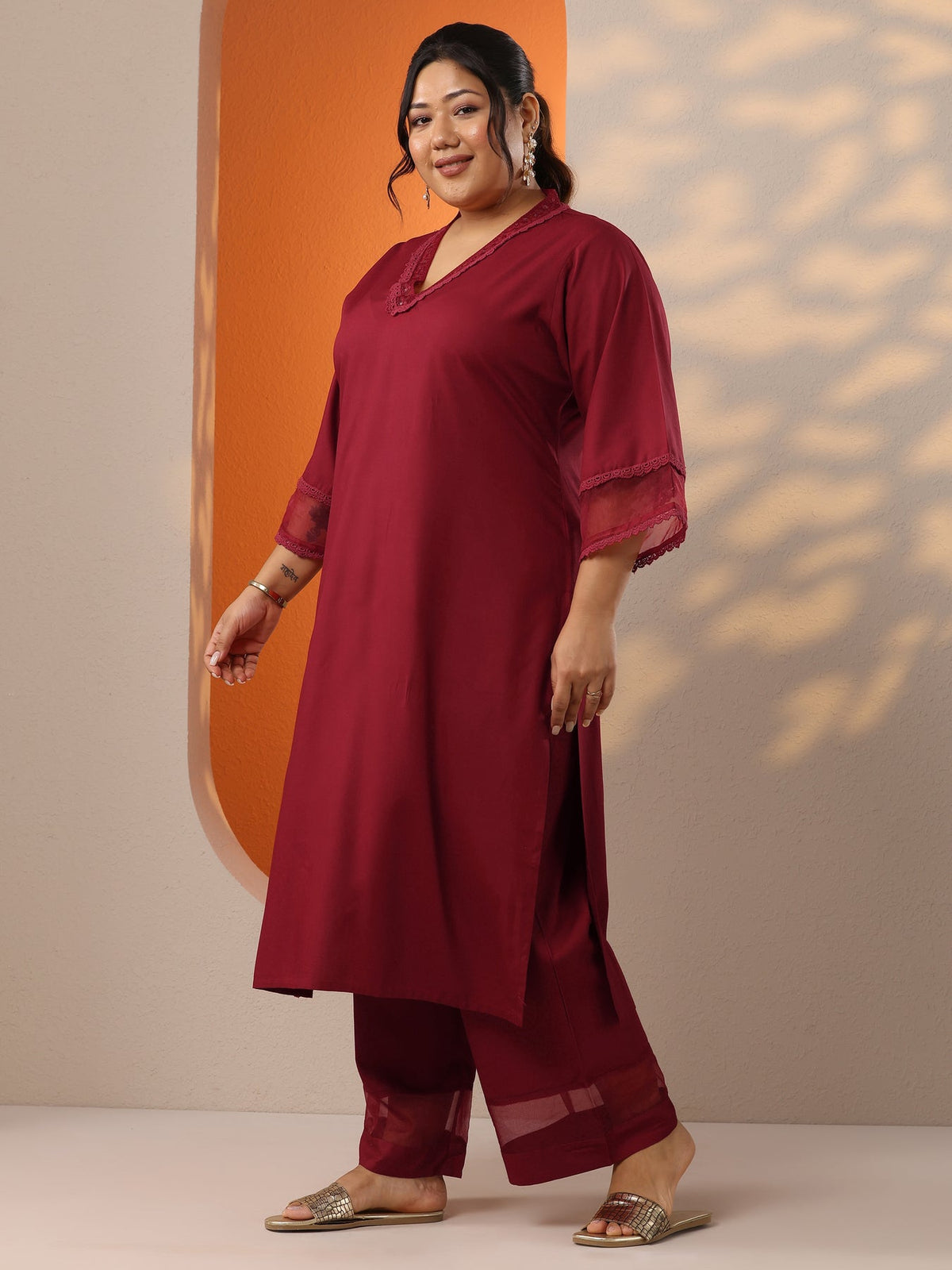 Plus Size Maroon Embellished Rayon Co-Ord Sets CO87
