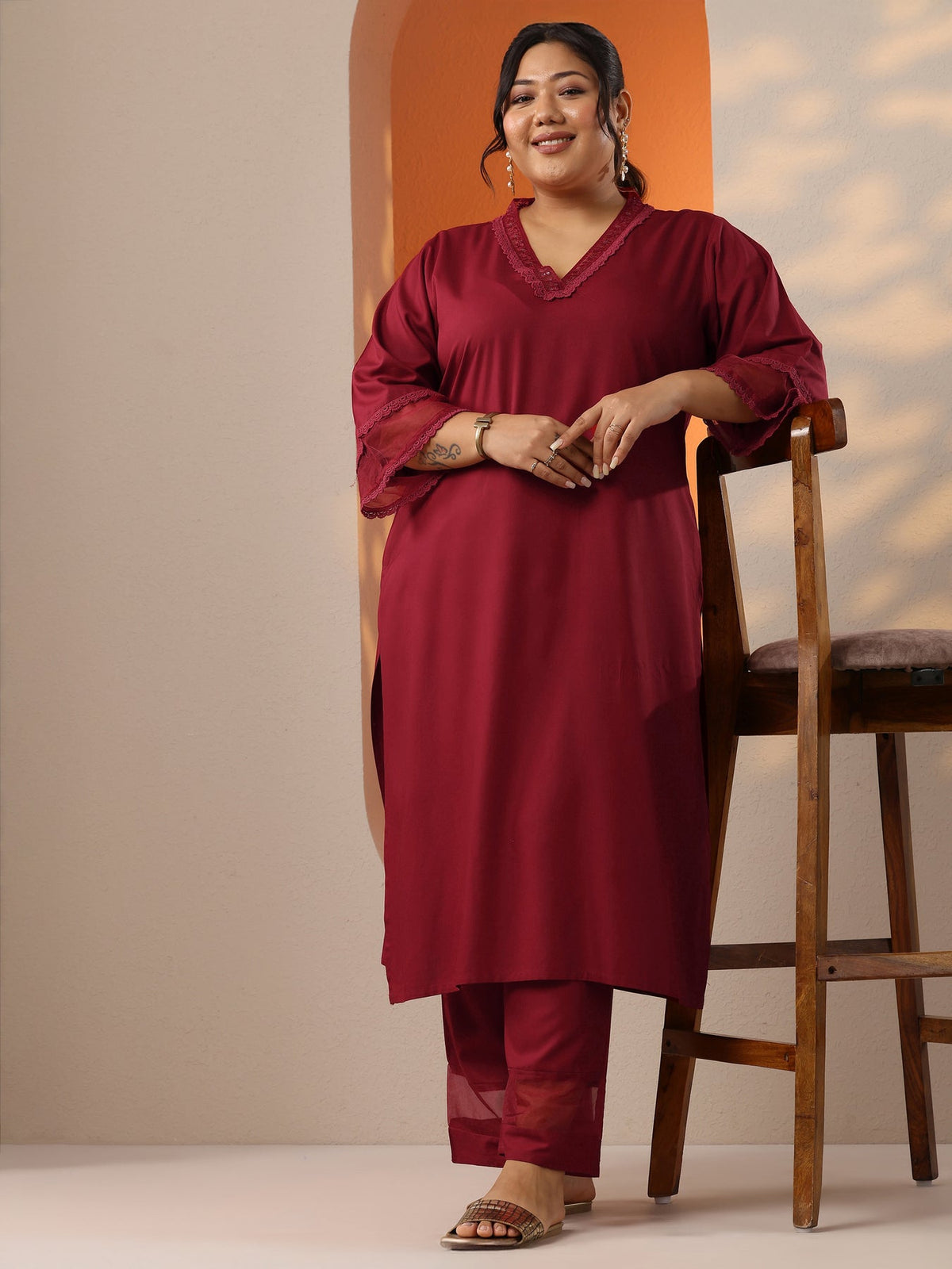 Plus Size Maroon Embellished Rayon Co-Ord Sets CO87